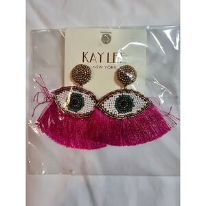 Kay Lee New York Beaded Evil Eye Tassel Earrings Fuchsia Pink Statement New‎